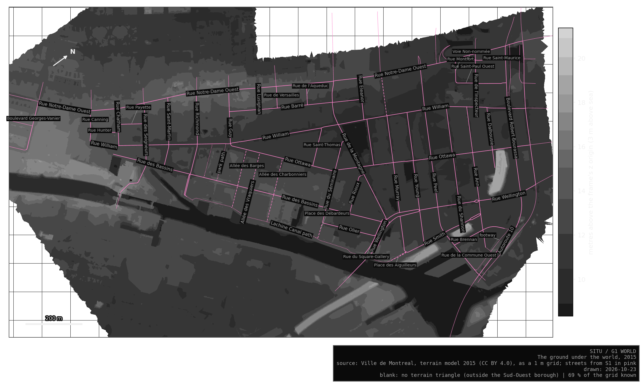 Grey shaded map of Griffintown's ground heights with streets in pink and a scale of metres.