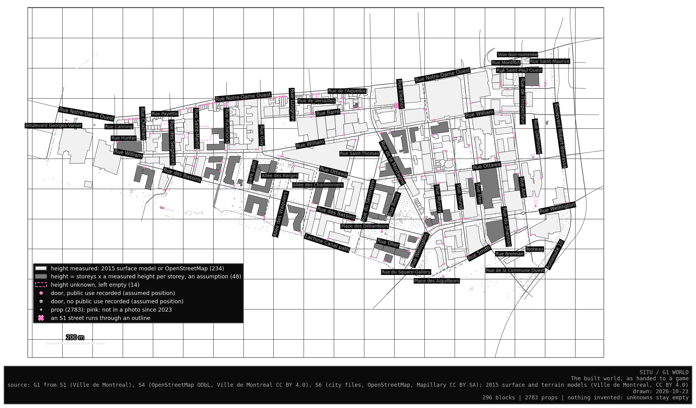 Map of Griffintown with building outlines in white, grey and dashed pink, small dots for doors and props, and street names.