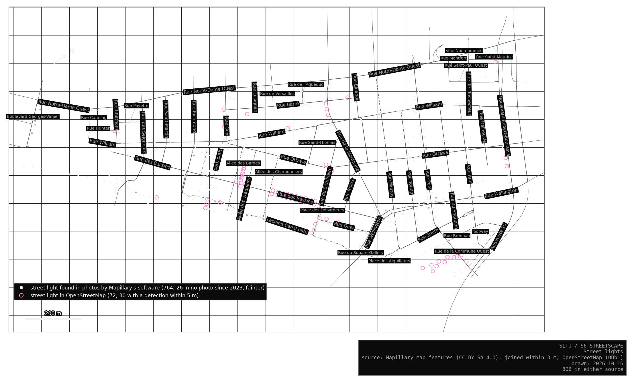 Street lights. White: found in photos by Mapillary’s software; grey: the same, found in no photo since 2023. Pink rings: lamps in OpenStreetMap.