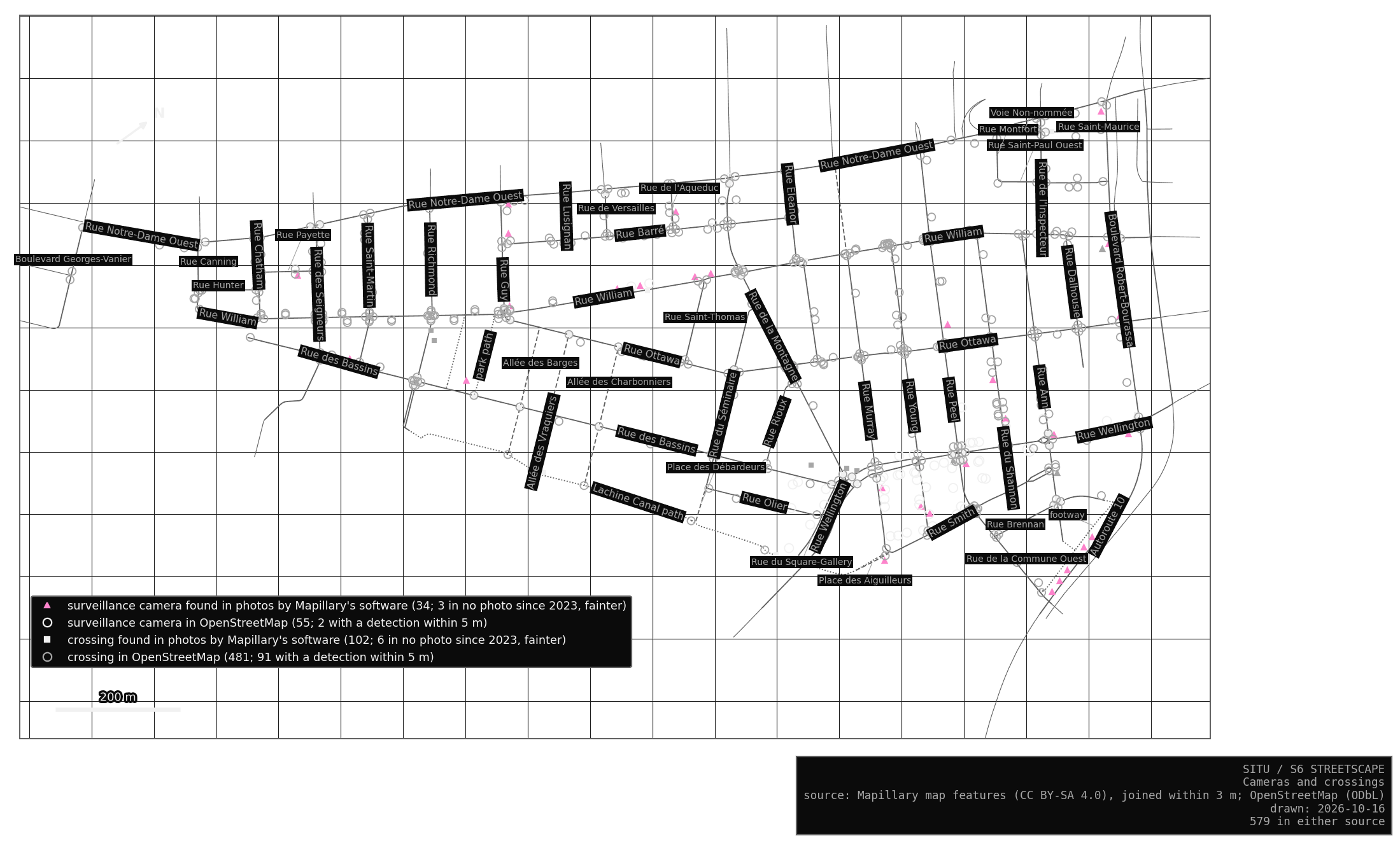 Cameras and crossings. Filled marks: found in photos by Mapillary’s software, fainter when no photo since 2023 shows them. Rings: the same kinds in OpenStreetMap.