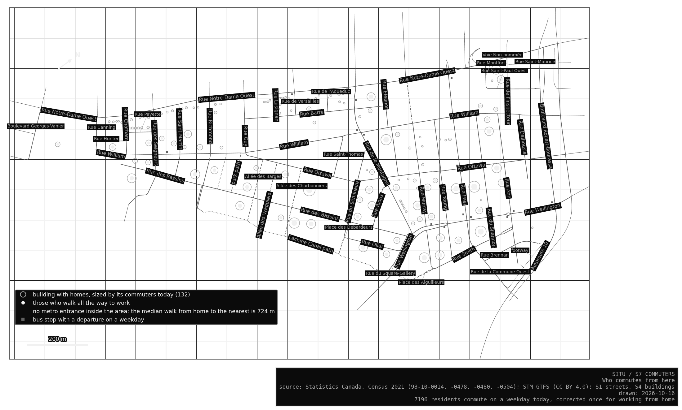 Every building with homes, sized by its residents who commute on a weekday today; the white dot inside is those who walk all the way to work. Grey squares are bus stops.